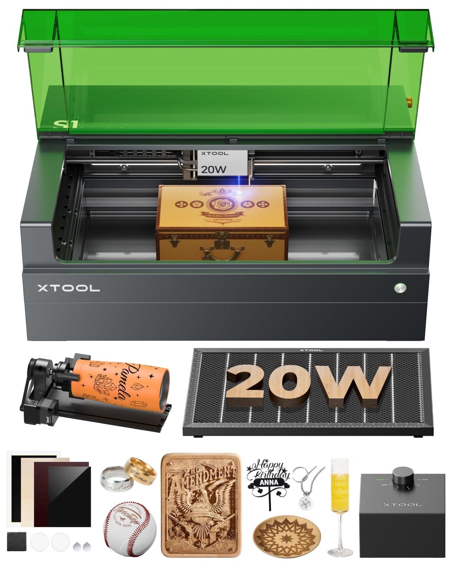 xTool S1 20W Laser Cutter and Laser Engraver for Tumblers, 23.93" x 15.16" Bed Size, 600mm/s Speed, Laser Engraving Machine, Laser Engraver for Wood and Metal, Acrylic, Big Project - Rotary Bundle