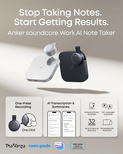 soundcore Work by Anker, Coin-Sized AI Voice Recorder, AI Note Taker for Meetings & Lectures, AI Transcription, AI Gadget, Cross-Meeting Summary, MFi Certified