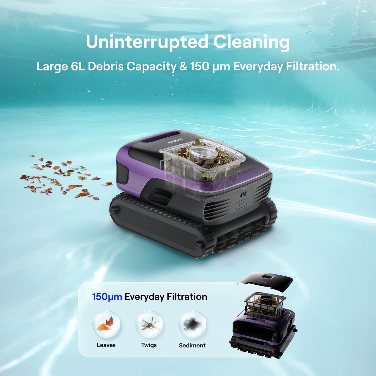 (2026 New) Beatbot Sora 70 Pool Vacuum Robot, 360° Top-to-Bottom Cleaning, Smart Surface Parking, 6L Capacity, 6800GPH Super Power for Above & In-Ground Pools Up to 3,200 sq. ft, Lilac